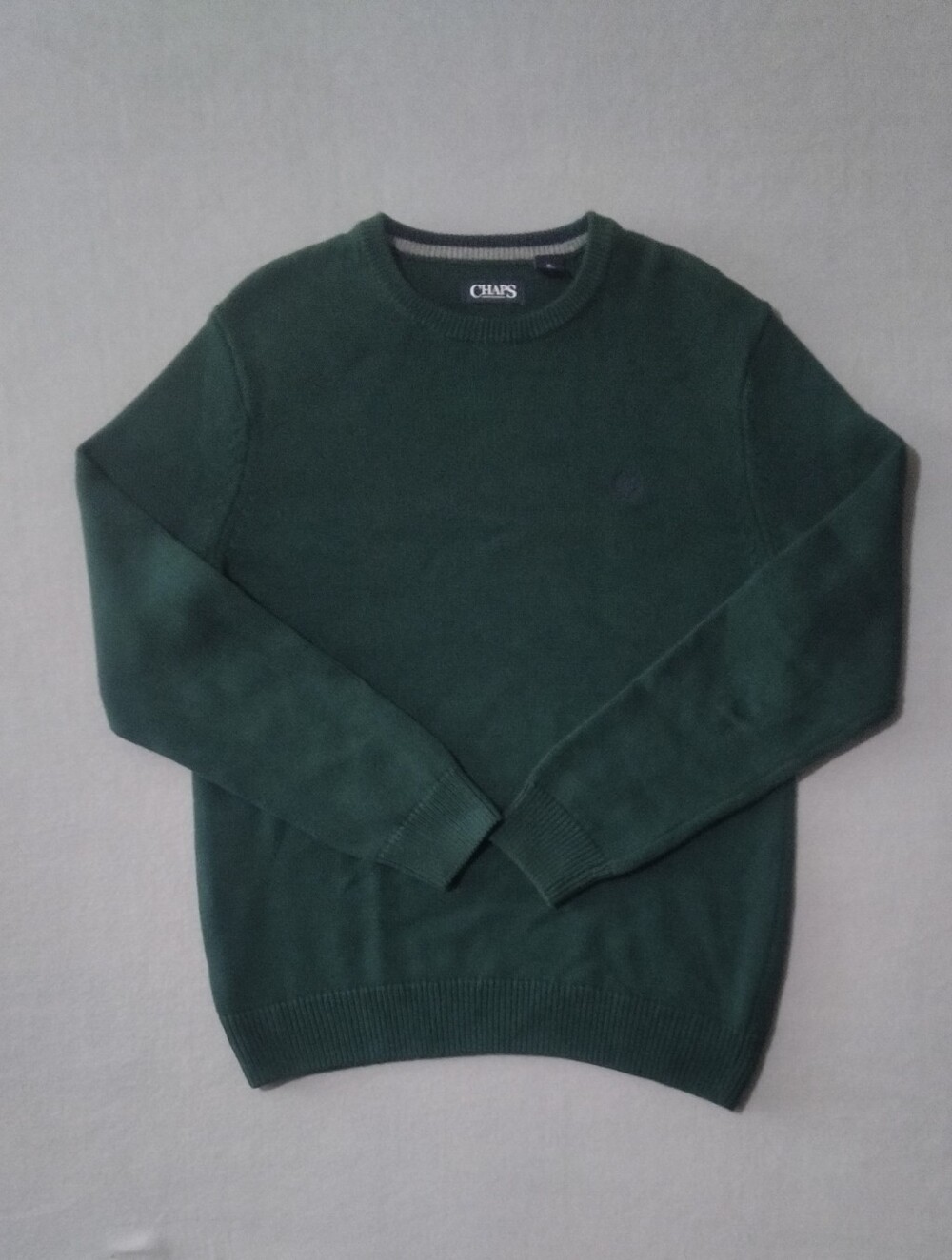 Chaps Original Crewneck Sweater Green Cotton Double Knit Long Sleeve Medium Mens